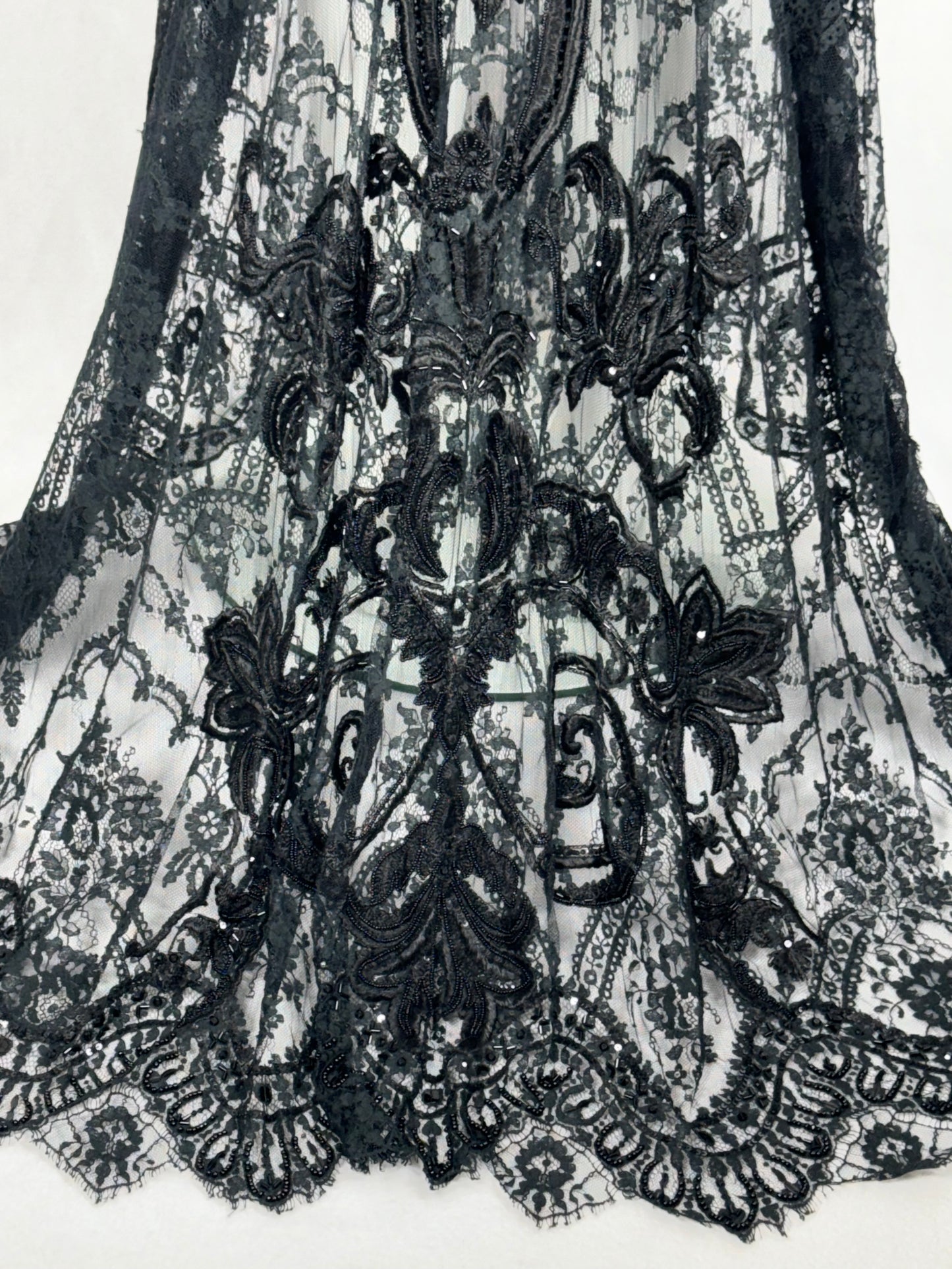 F/W 2003 Gianfranco Ferre Runway Sheer Black Goth Queen High Neck Black Lace & Mesh Gown Dress w Train