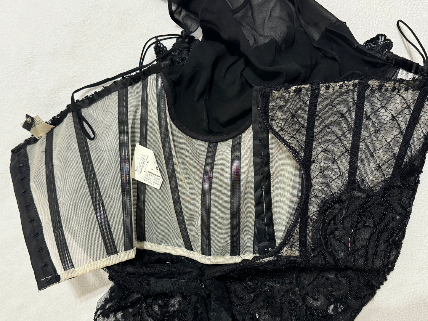 F/W 2003 Gianfranco Ferre Runway Sheer Black Goth Queen High Neck Black Lace & Mesh Gown Dress w Train
