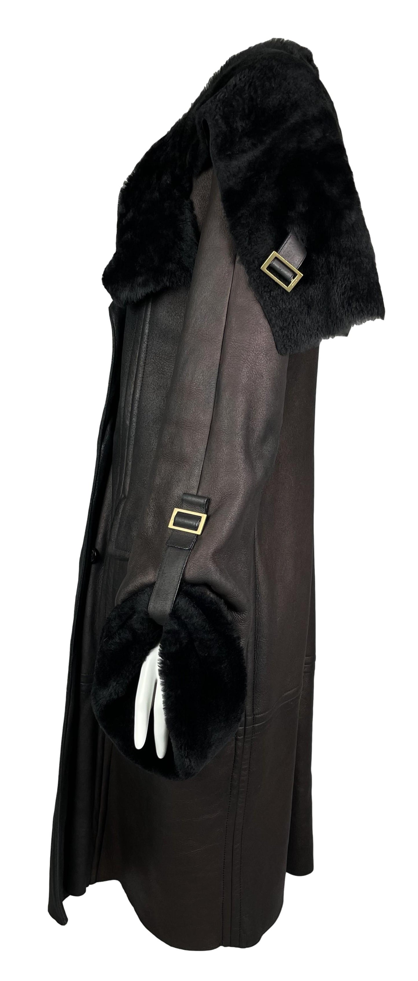 F/W 2003 Gucci by Tom Ford Bronze Brown Leather Shearling Gold Buckles Long Coat