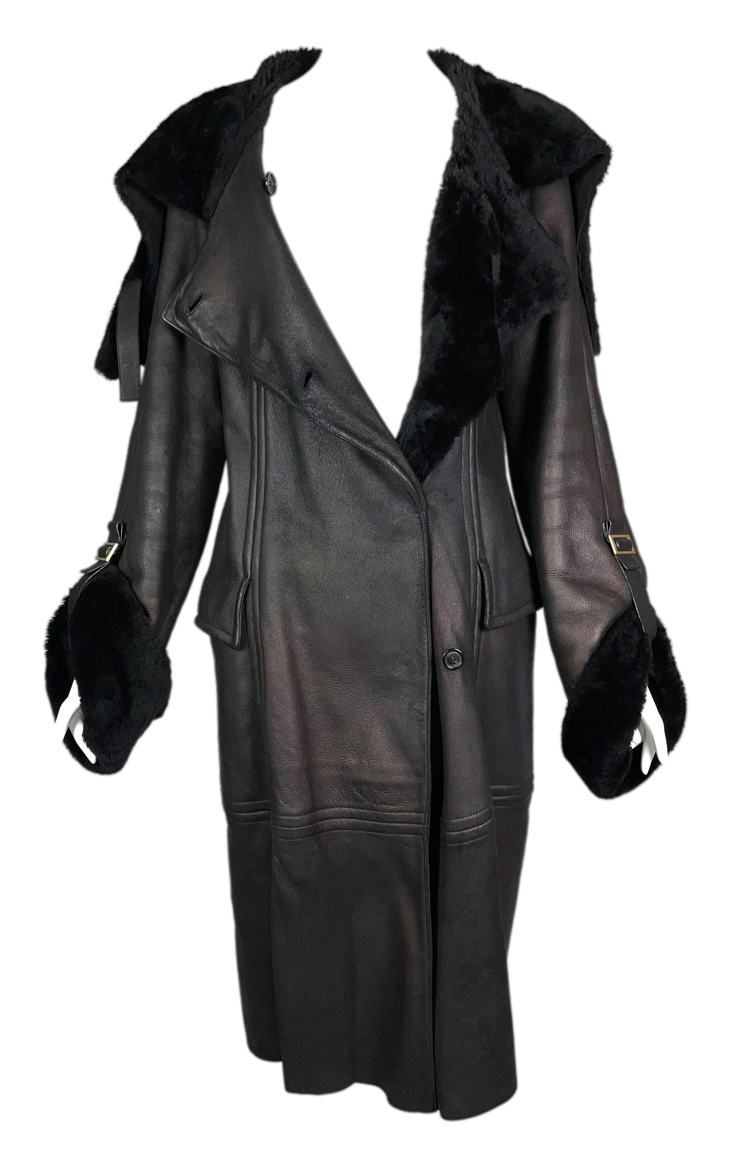 F/W 2003 Gucci by Tom Ford Bronze Brown Leather Shearling Gold Buckles Long Coat