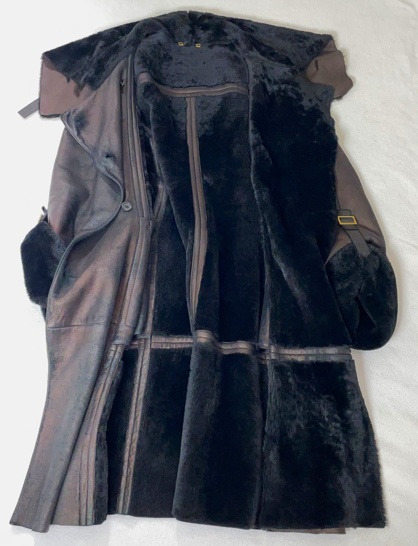 F/W 2003 Gucci by Tom Ford Bronze Brown Leather Shearling Gold Buckles Long Coat