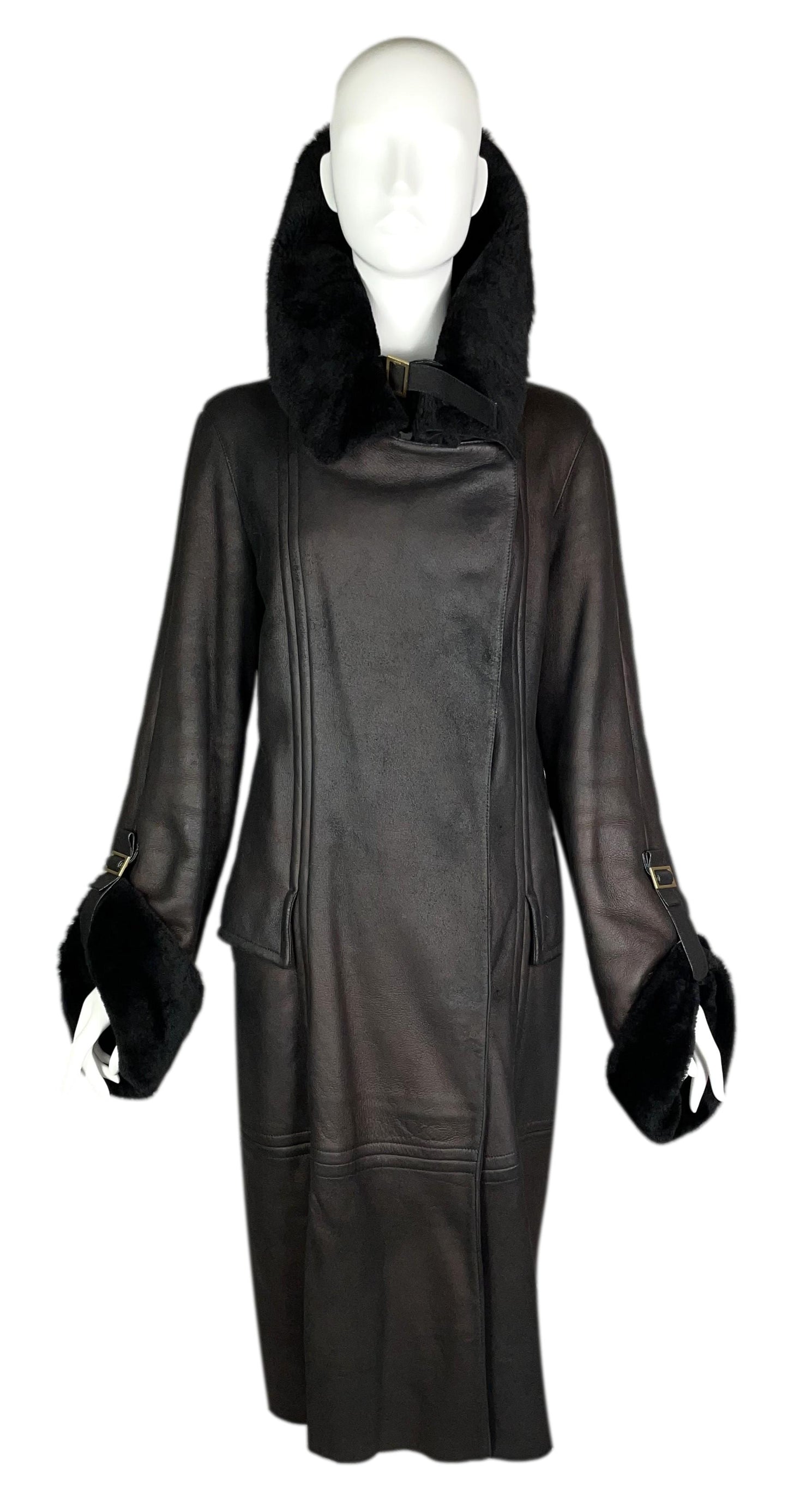 F/W 2003 Gucci by Tom Ford Bronze Brown Leather Shearling Gold Buckles Long Coat
