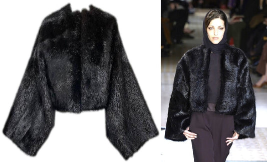 F/W 2003 Hermes by Maison Martin Margiela Runway Black Fur Cropped Coat Jacket
