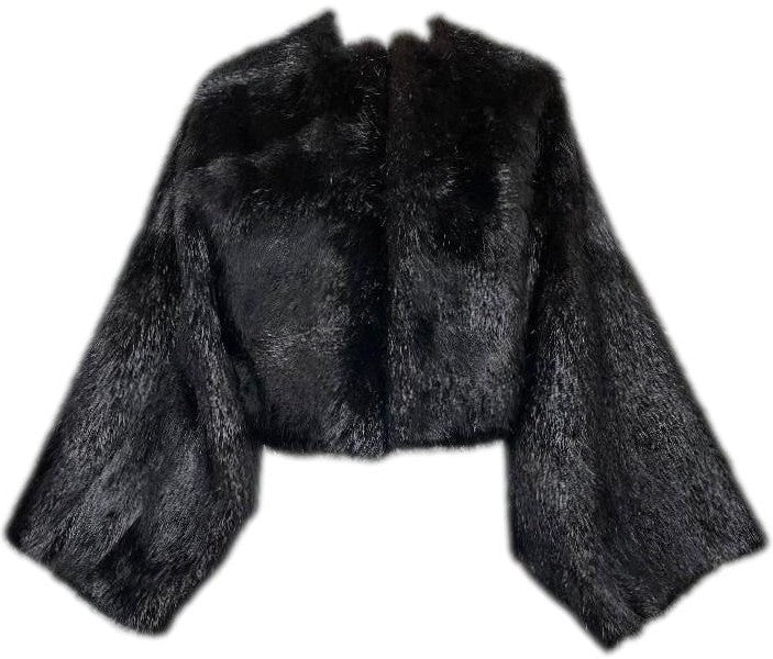 F/W 2003 Hermes by Maison Martin Margiela Runway Black Fur Cropped Coat Jacket