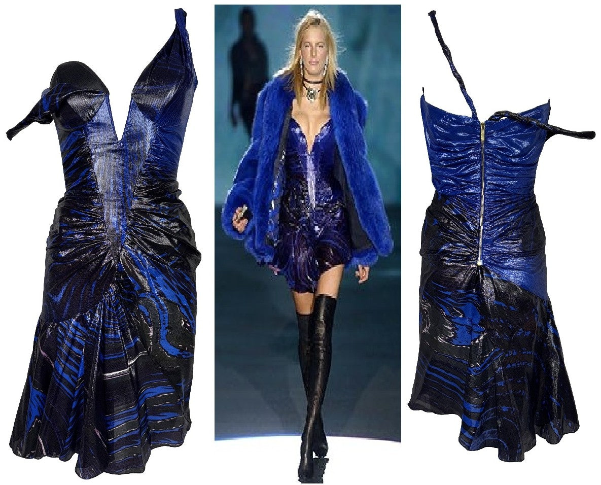 F/W 2003 Roberto Cavalli Runway Plunging Bustier Black & Blue Rockstar Off Shoulder Mini Dress