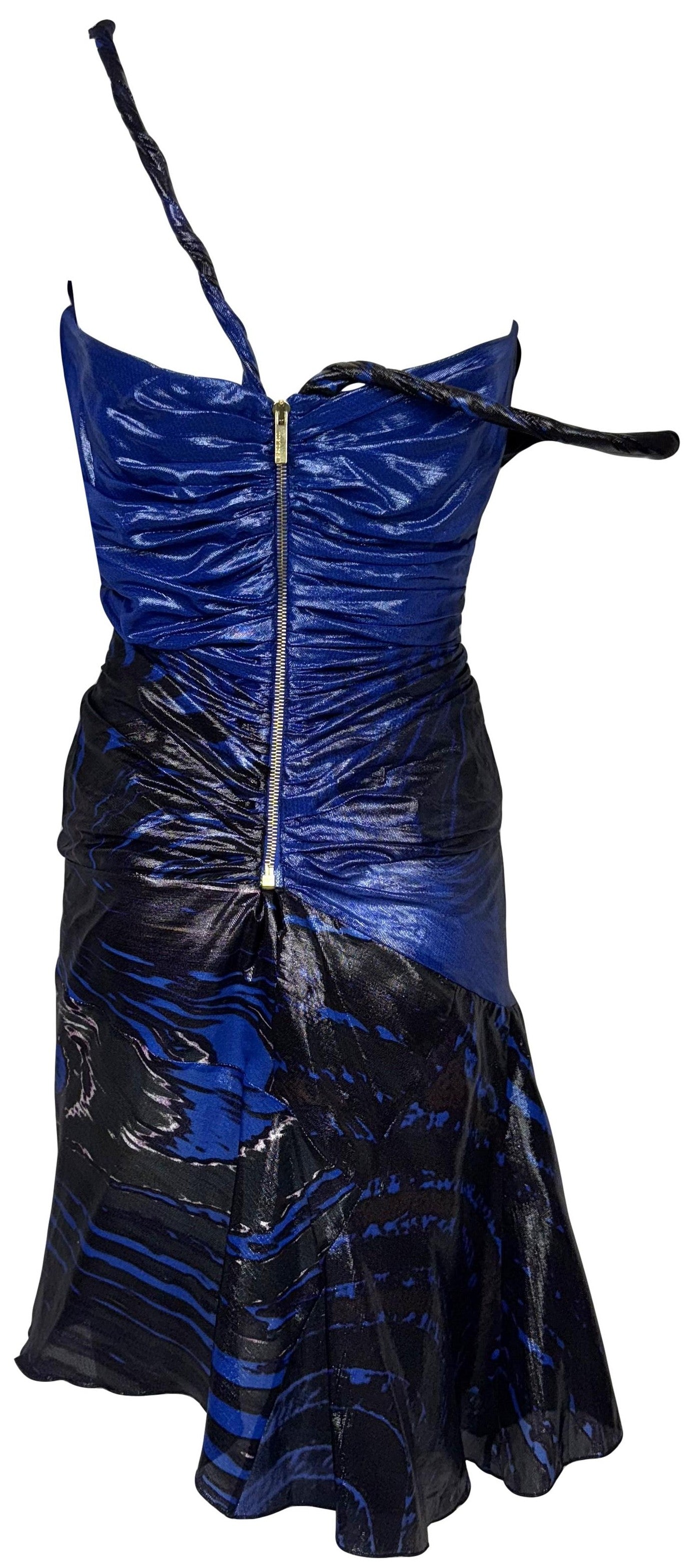 F/W 2003 Roberto Cavalli Runway Plunging Bustier Black & Blue Rockstar Off Shoulder Mini Dress