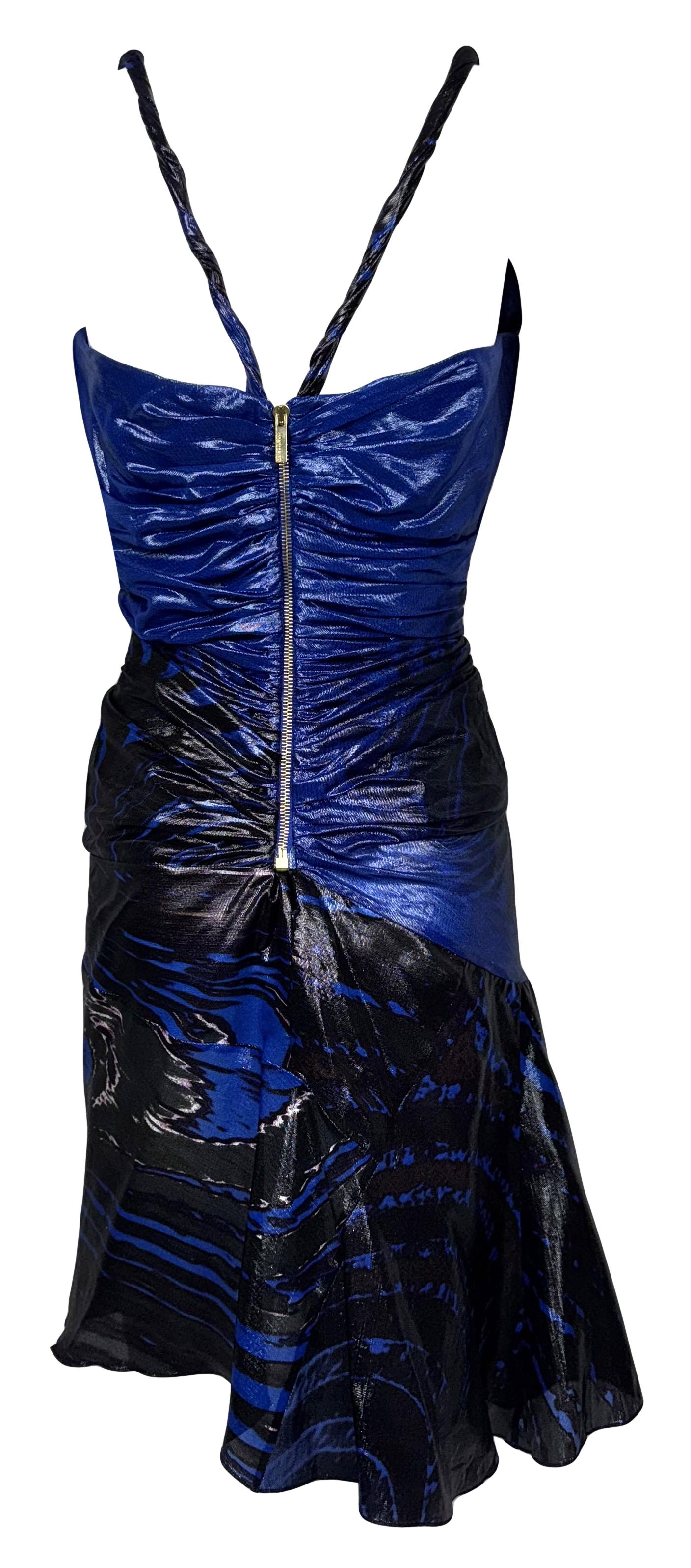 F/W 2003 Roberto Cavalli Runway Plunging Bustier Black & Blue Rockstar Off Shoulder Mini Dress