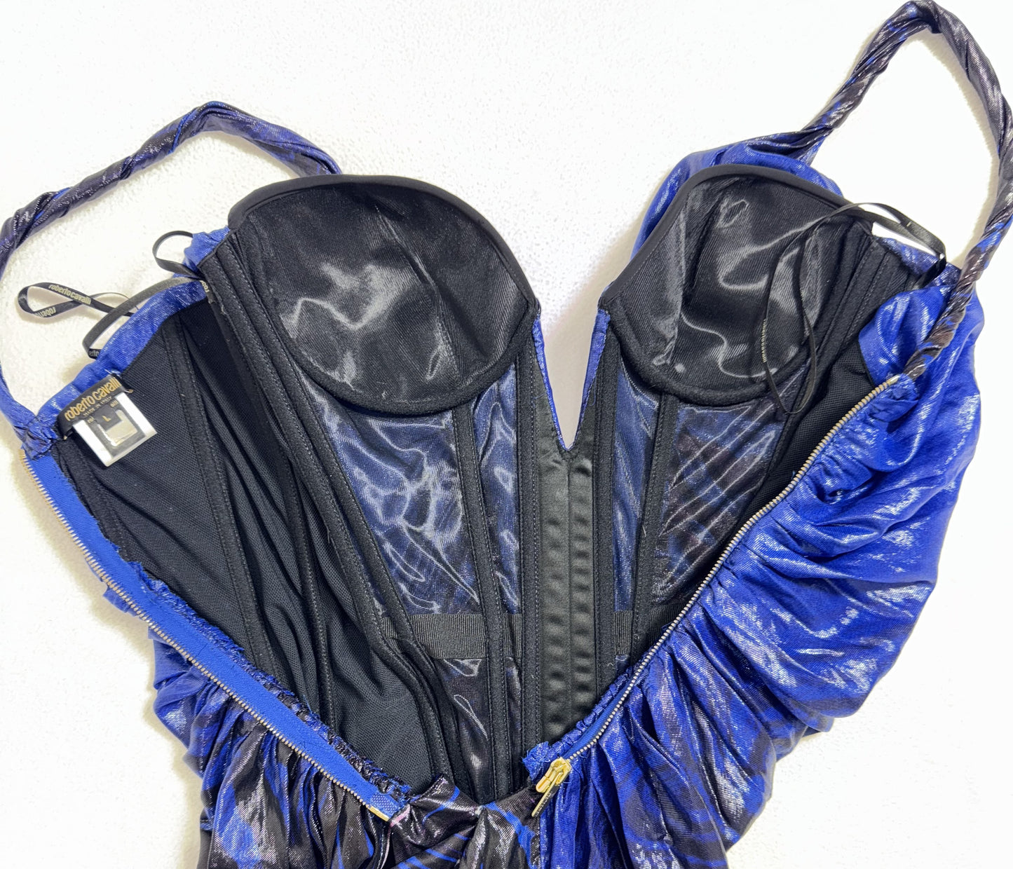 F/W 2003 Roberto Cavalli Runway Plunging Bustier Black & Blue Rockstar Off Shoulder Mini Dress