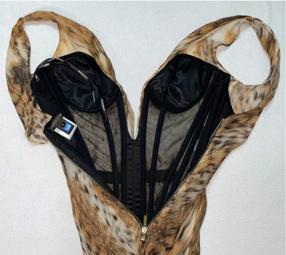 F/W 2003 Roberto Cavalli Runway Sheer Leopard Off Shoulder Bustier Gown Dress w Train