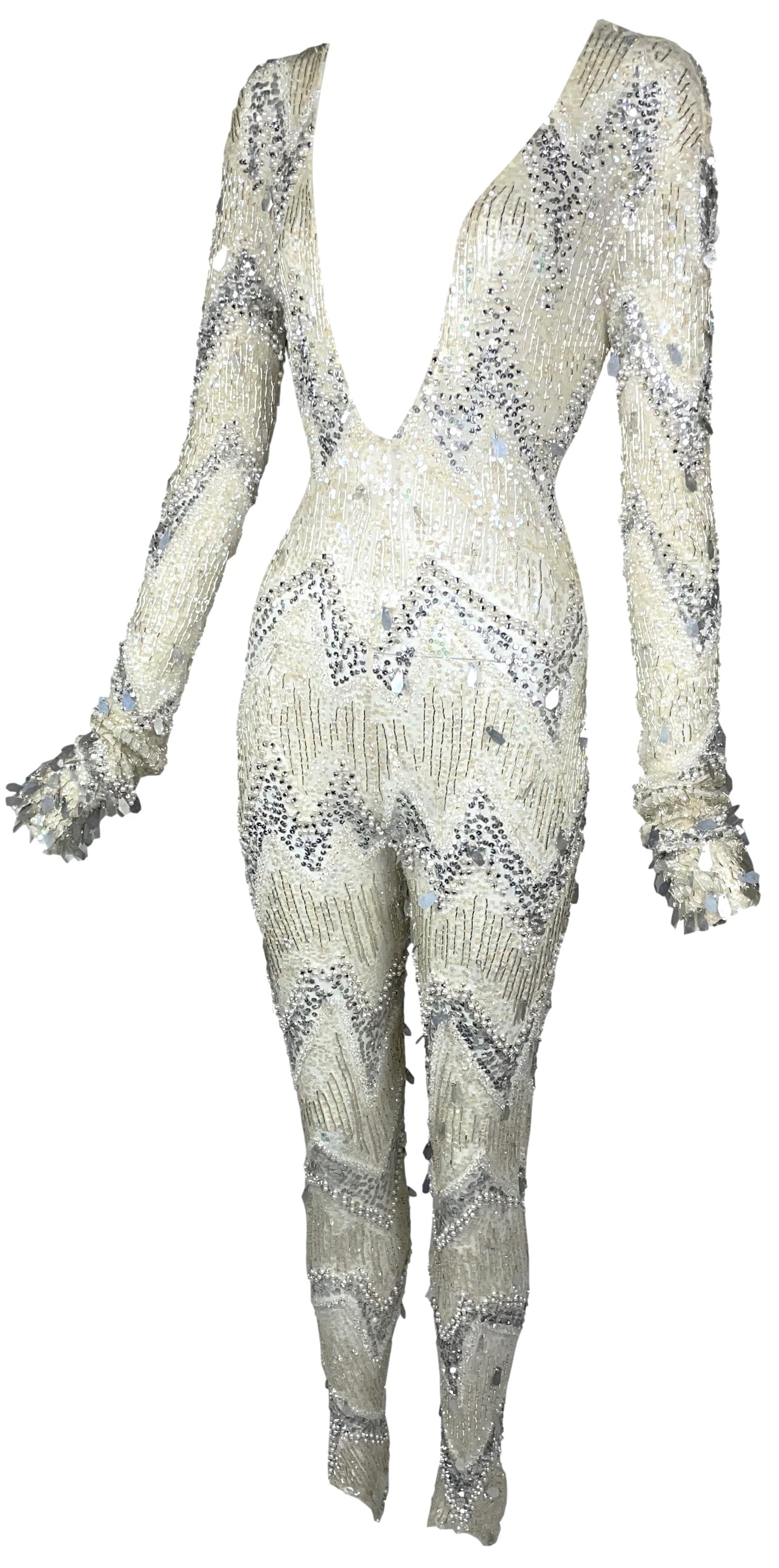 EXTREMELY RARE F/W 2003 Roberto Cavalli Runway Sheer Ivory Mesh Plunging Crystal Beaded Jumpsuit