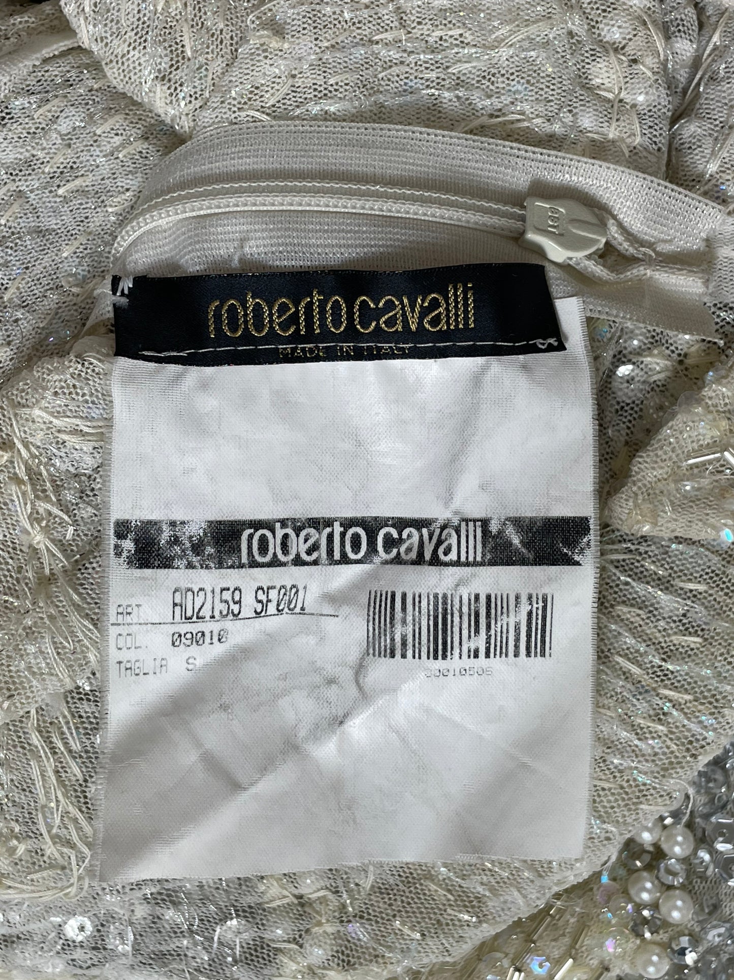 EXTREMELY RARE F/W 2003 Roberto Cavalli Runway Sheer Ivory Mesh Plunging Crystal Beaded Jumpsuit