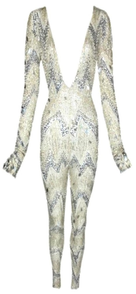 EXTREMELY RARE F/W 2003 Roberto Cavalli Runway Sheer Ivory Mesh Plunging Crystal Beaded Jumpsuit