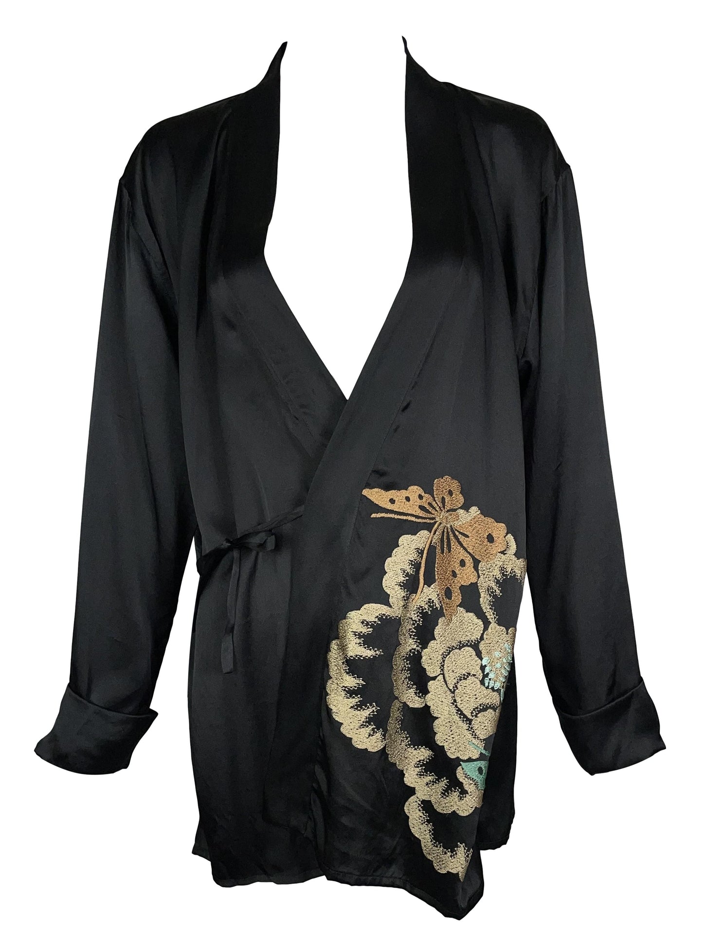 2003 Gucci by Tom Ford Black Silk Butterfly Embroidered Wrap Jacket Robe