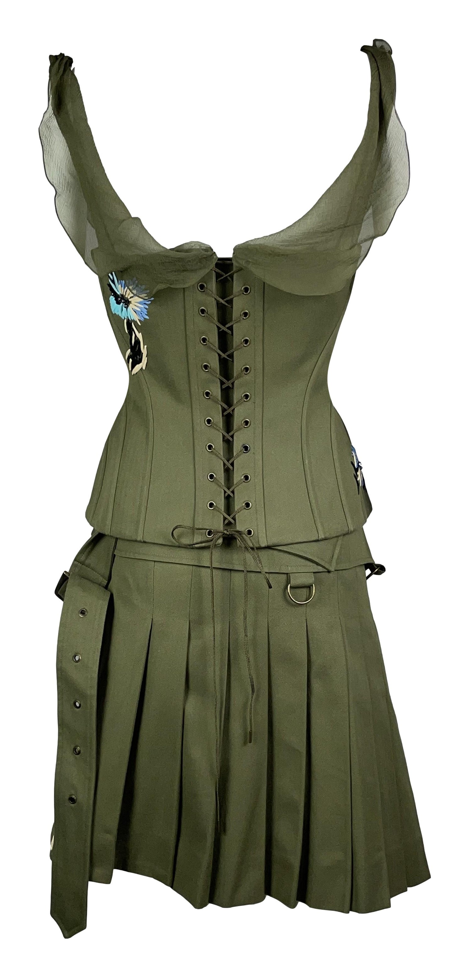 2003 John Galliano Army Green Embroidered Corset Top & Skirt Set