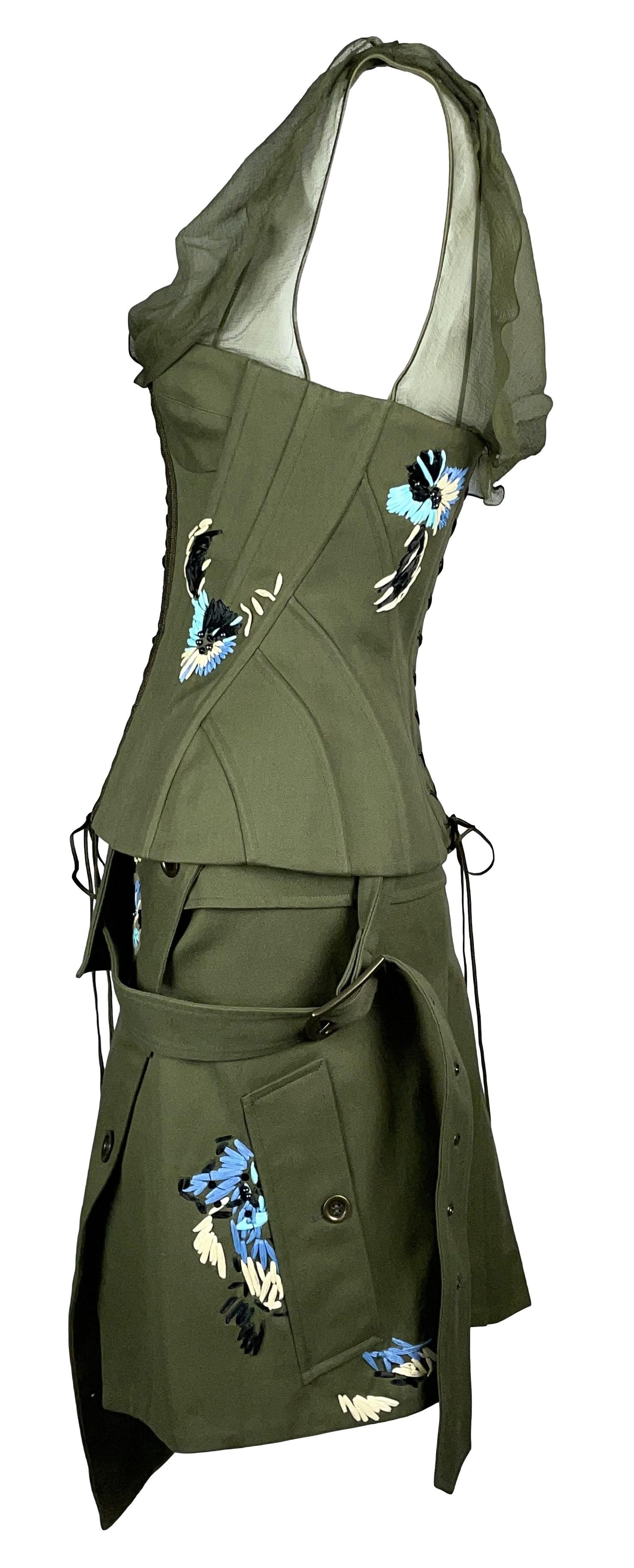 2003 John Galliano Army Green Embroidered Corset Top & Skirt Set