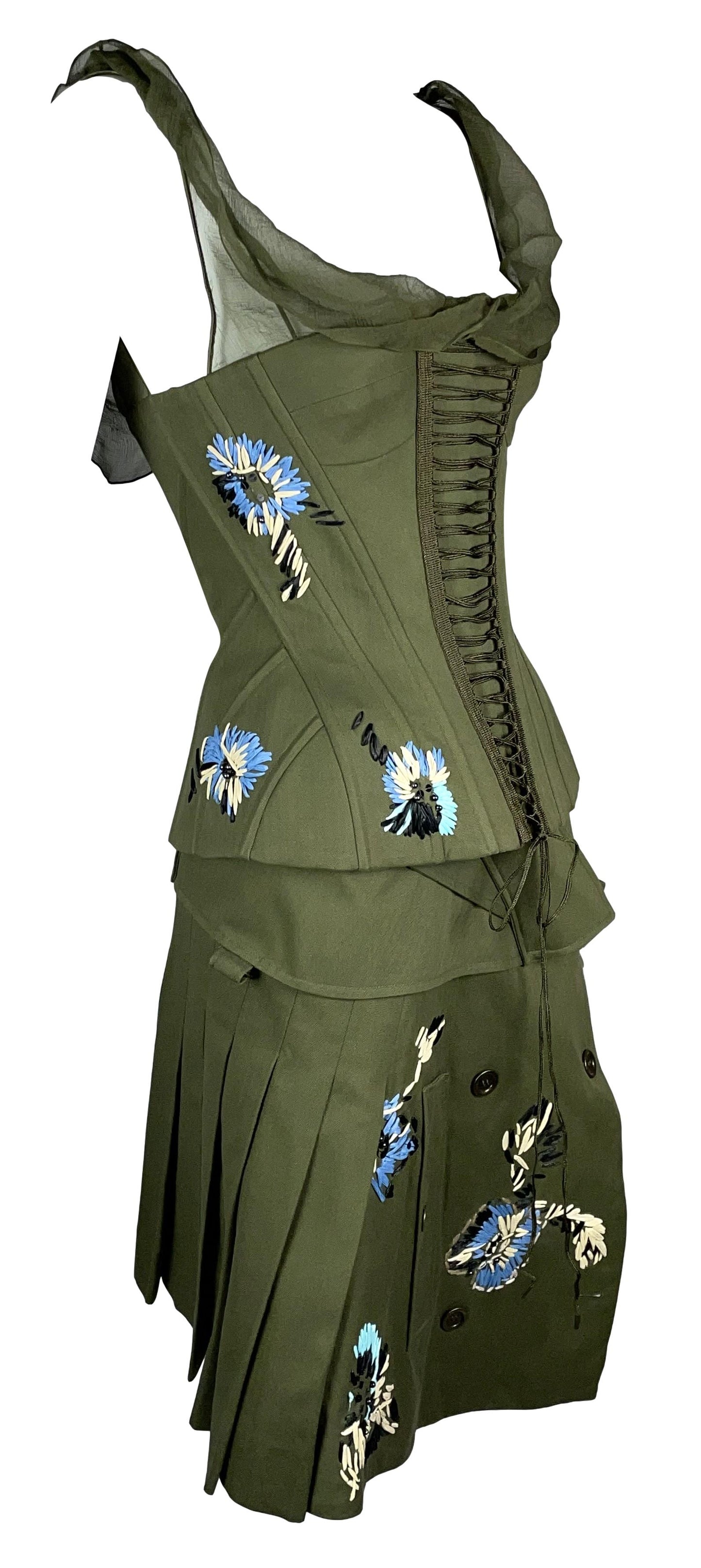 2003 John Galliano Army Green Embroidered Corset Top & Skirt Set