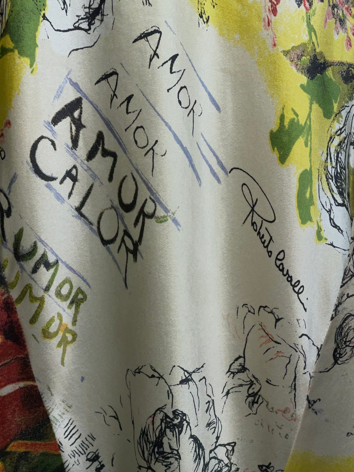 2003 Roberto Cavalli Plunging Black Amor Print Silk Mermaid Maxi Dress w Gold Chain Strap