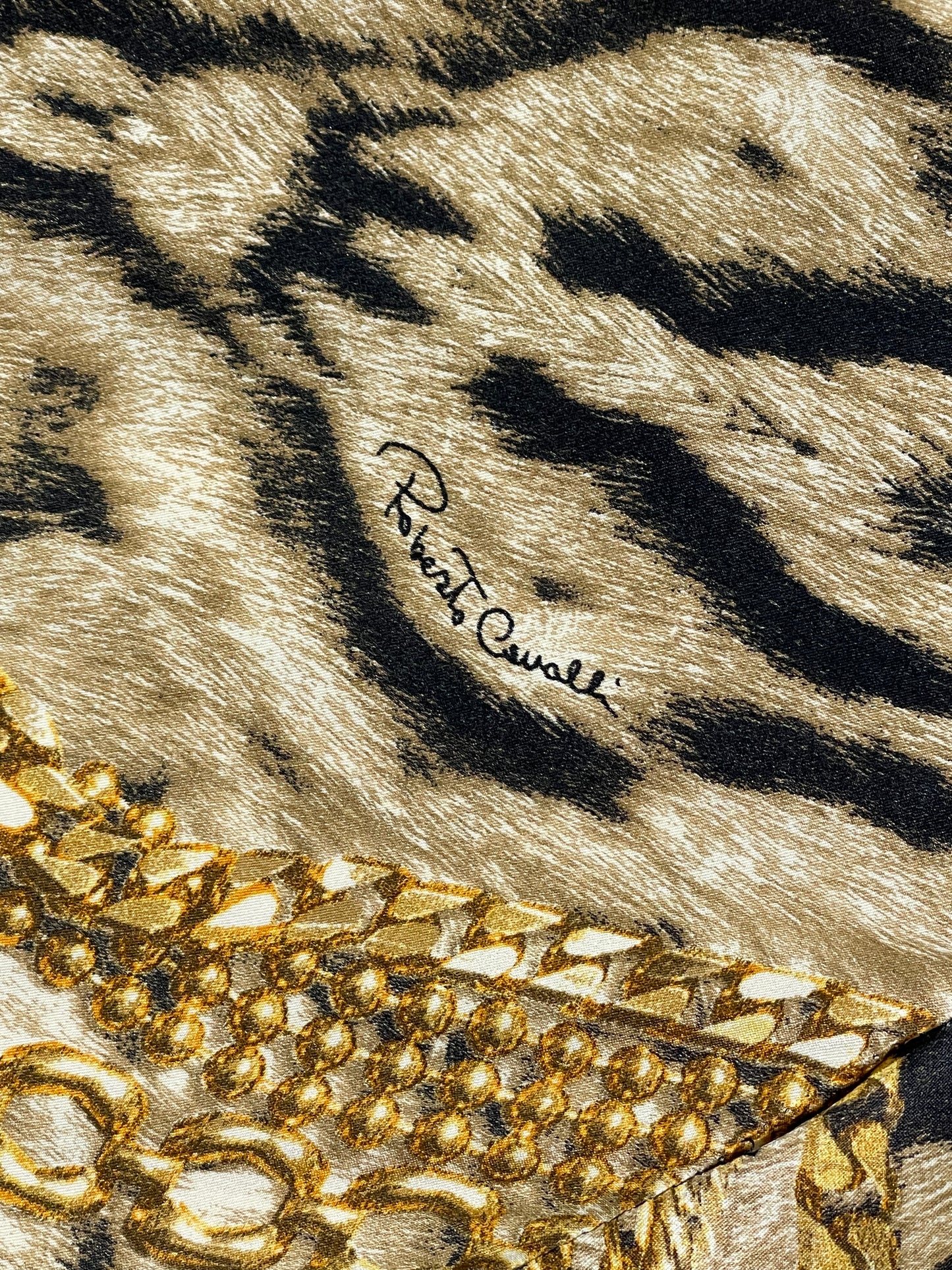 F/W 2003 Roberto Cavalli Plunging Satin Gold Chains & Tiger Print Metal Chain Halter Strap Mermaid Gown Dress