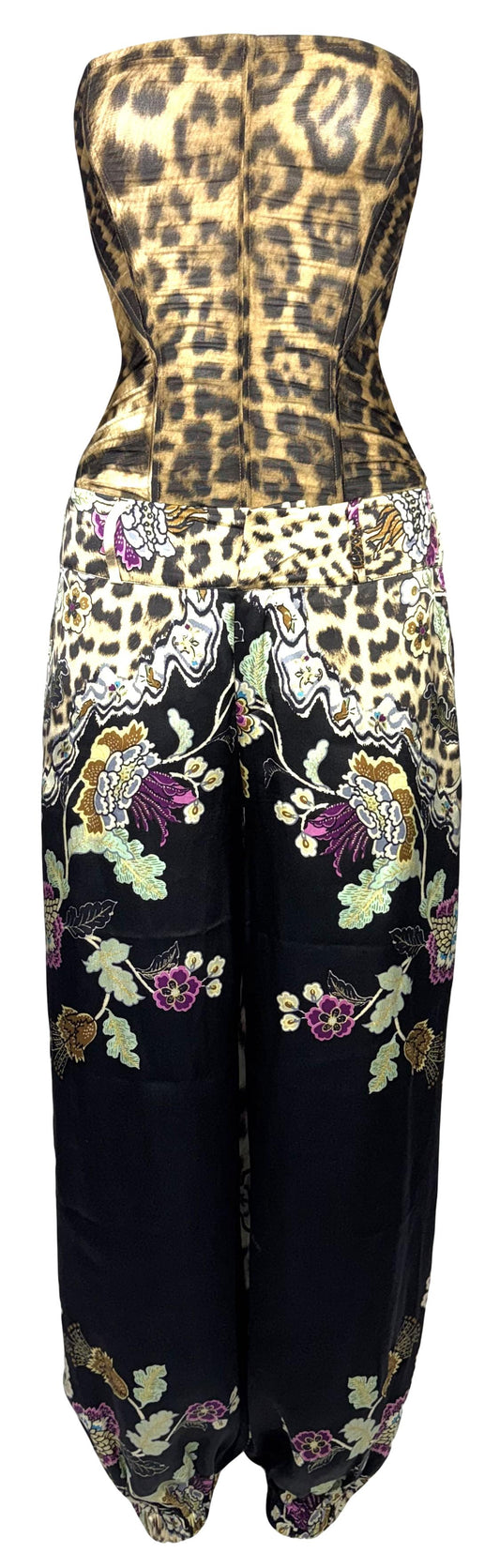 2003 Roberto Cavalli Sheer Strapless Mesh Leopard Bodysuit & Chinoiserie Print High Rise Baggy Harem Pants Set