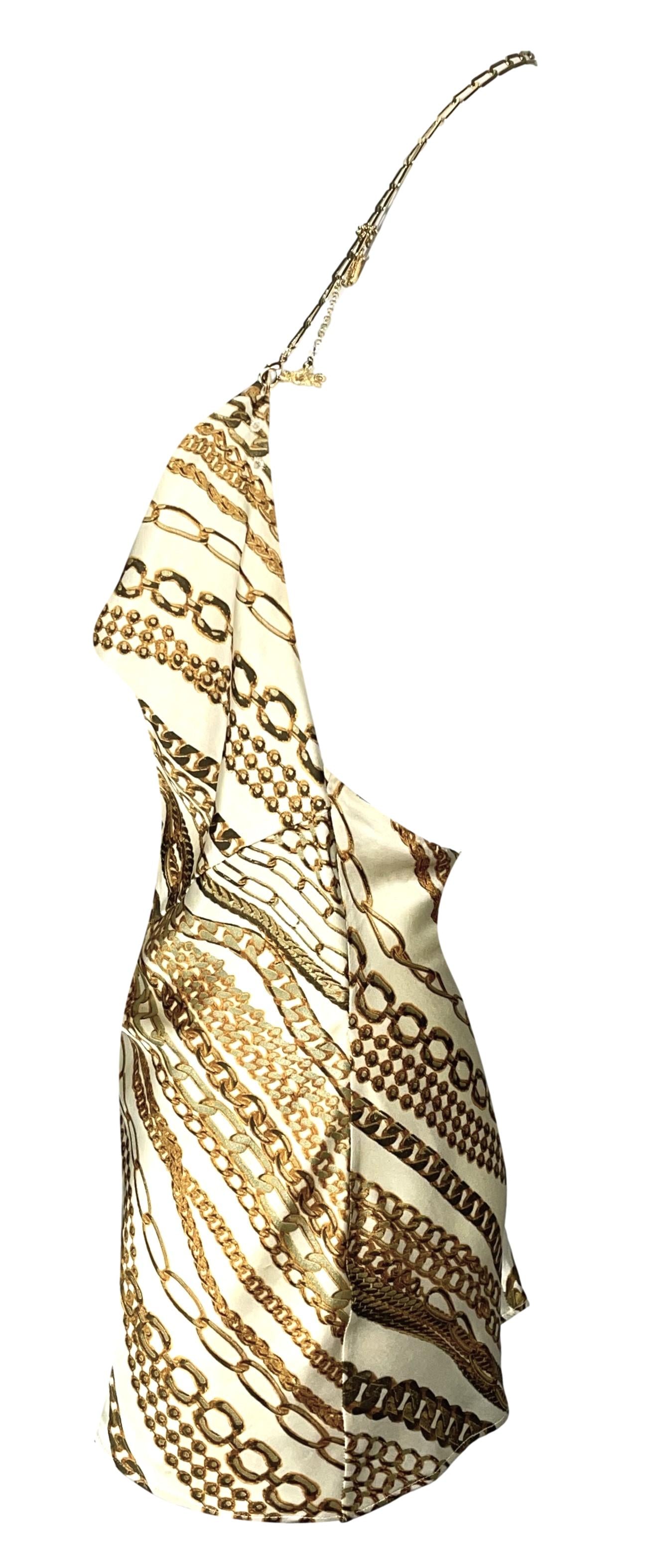 2003 Roberto Cavalli Ivory Silk Gold Chain Print Necklace Halter Micro Mini Dress Top