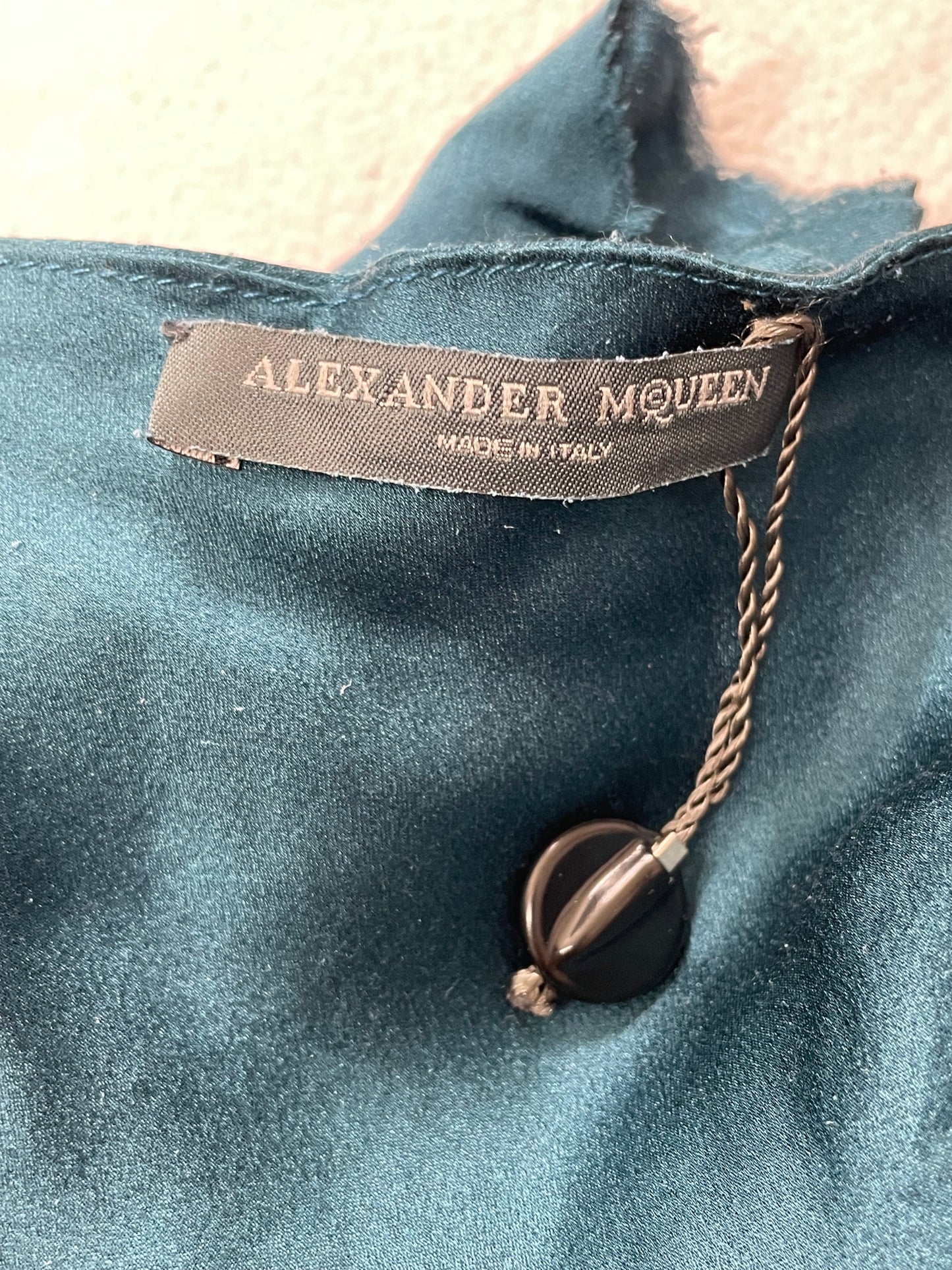 S/S 2003 Alexander McQueen Teal Silk Tattered Pirate Rosary Cross Necklace Plunging Top