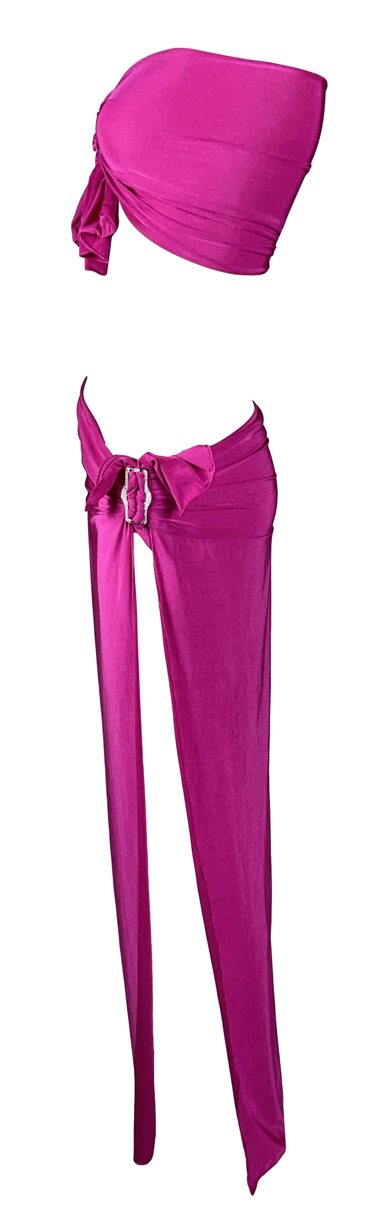 2003 Christian Dior by John Galliano Hot Pink Crystal Buckle Crop Top & Maxi Skirt Set