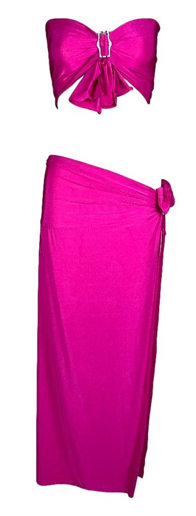 2003 Christian Dior by John Galliano Hot Pink Crystal Buckle Crop Top & Maxi Skirt Set