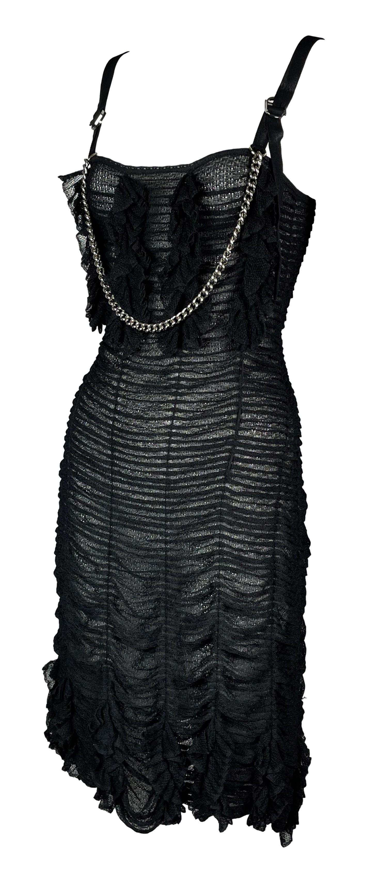 S/S 2003 Christian Dior by John Galliano Sheer Black Ruched Dress w Silver Buckles & Chain