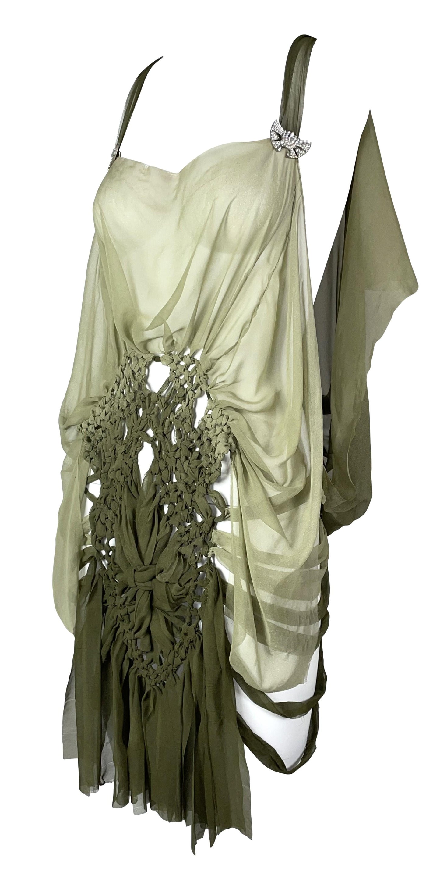 S/S 2003 Christian Dior by John Galliano Runway Sheer Green Silk Cut-Out Mini Dress