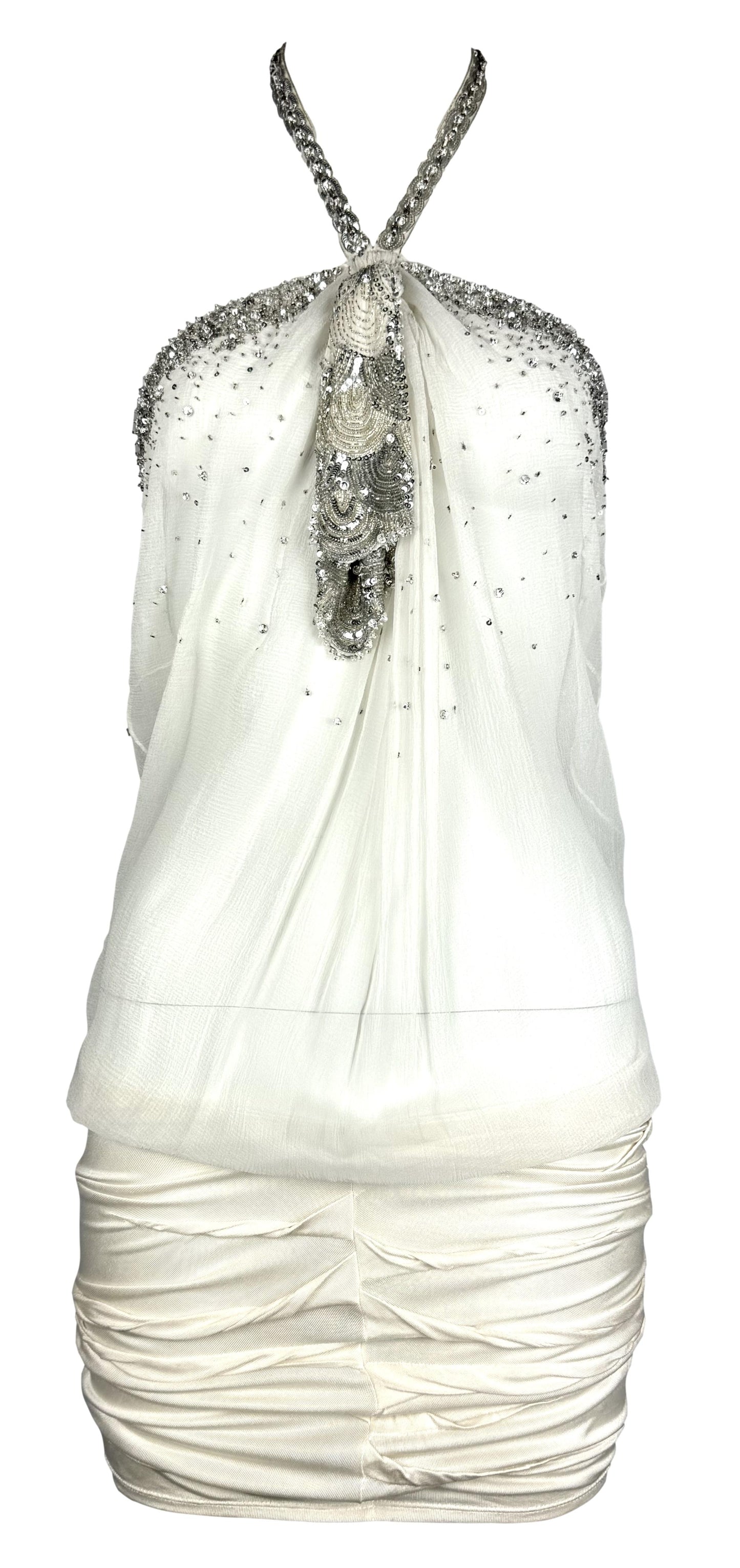 S/S 2003 Christian Dior by John Galliano Runway 20's Flapper Style Sheer White Silk Crystal Embellished Mini Dress