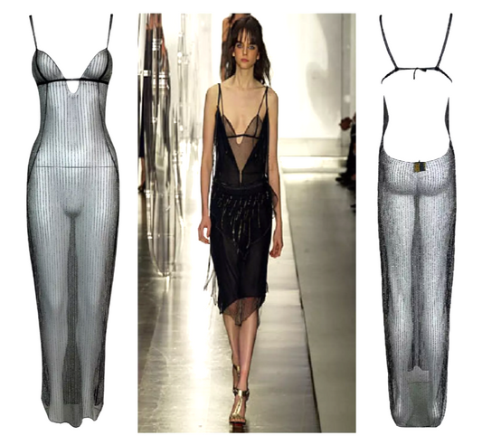 S/S 2003 Fendi by Karl Lagerfeld Runway Sheer Black Beaded Mesh Maxi Dress