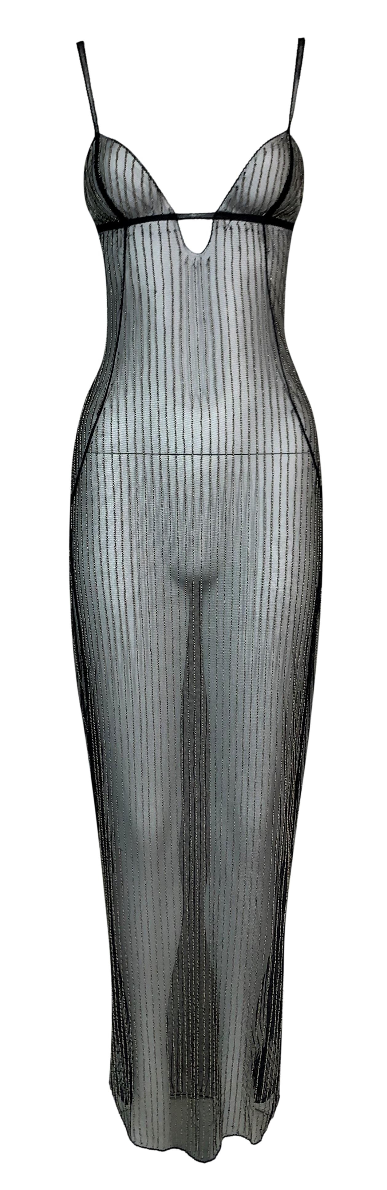 S/S 2003 Fendi by Karl Lagerfeld Runway Sheer Black Beaded Mesh Maxi Dress