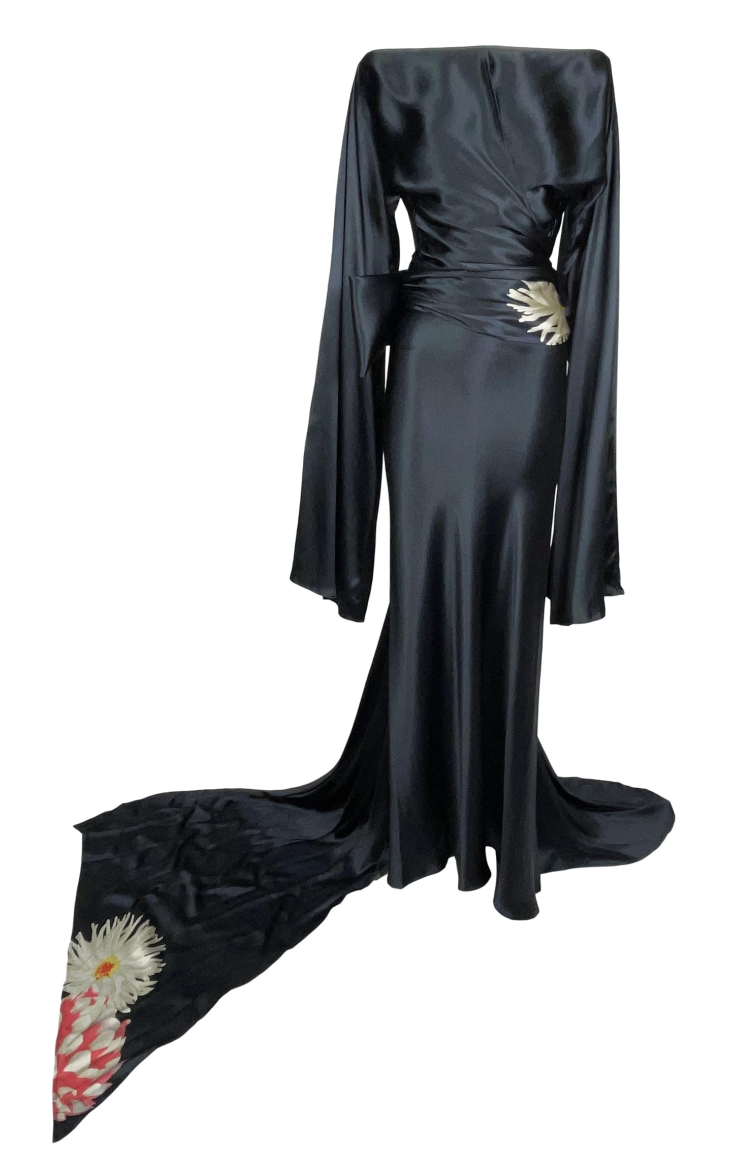 S/S 2003 Gianfranco Ferre Runway Japanese Kimono Sleeve & Bow Black Satin Top & Skirt Gown w Train