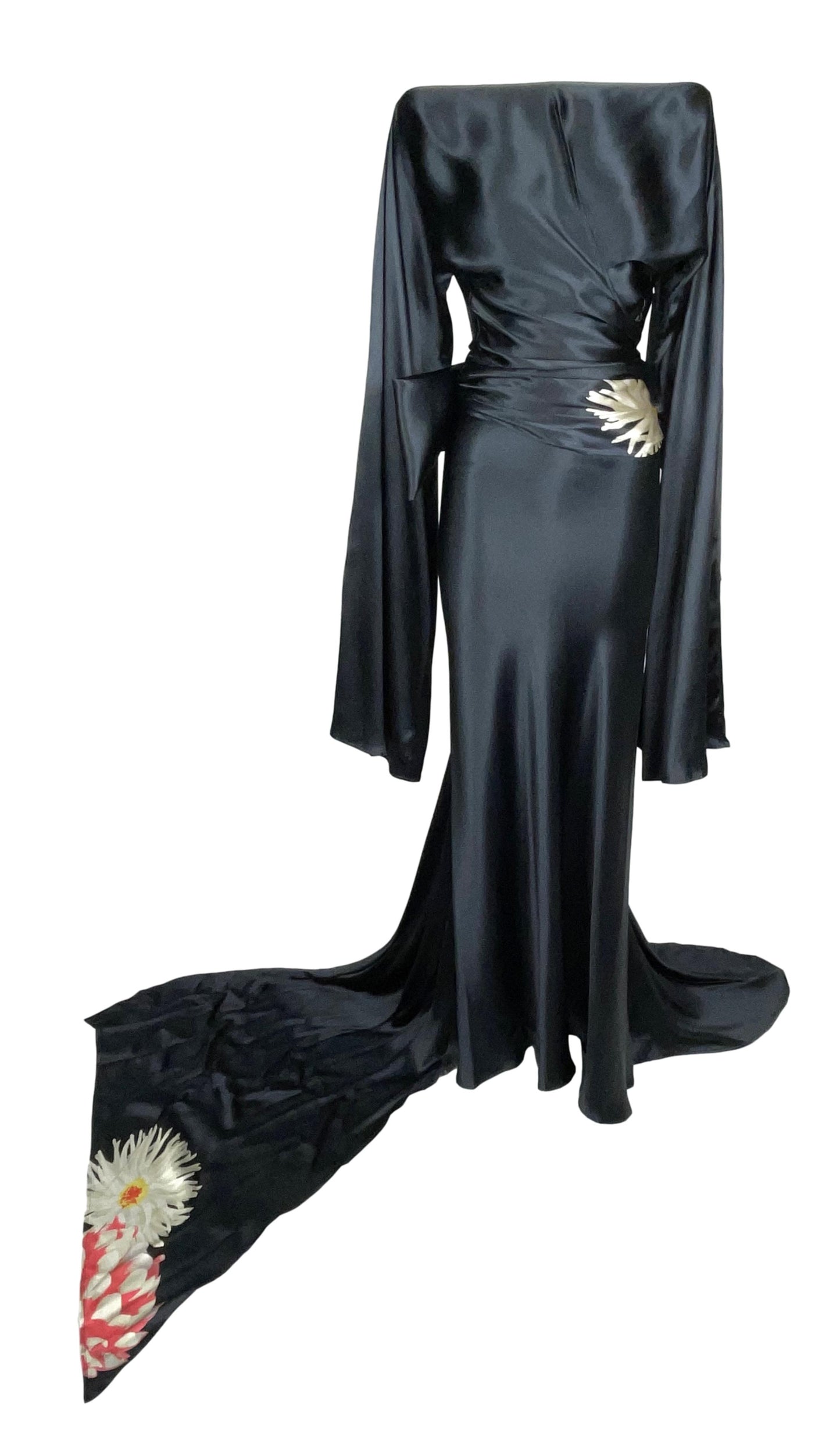 S/S 2003 Gianfranco Ferre Runway Japanese Kimono Sleeve & Bow Black Satin Top & Skirt Gown w Train