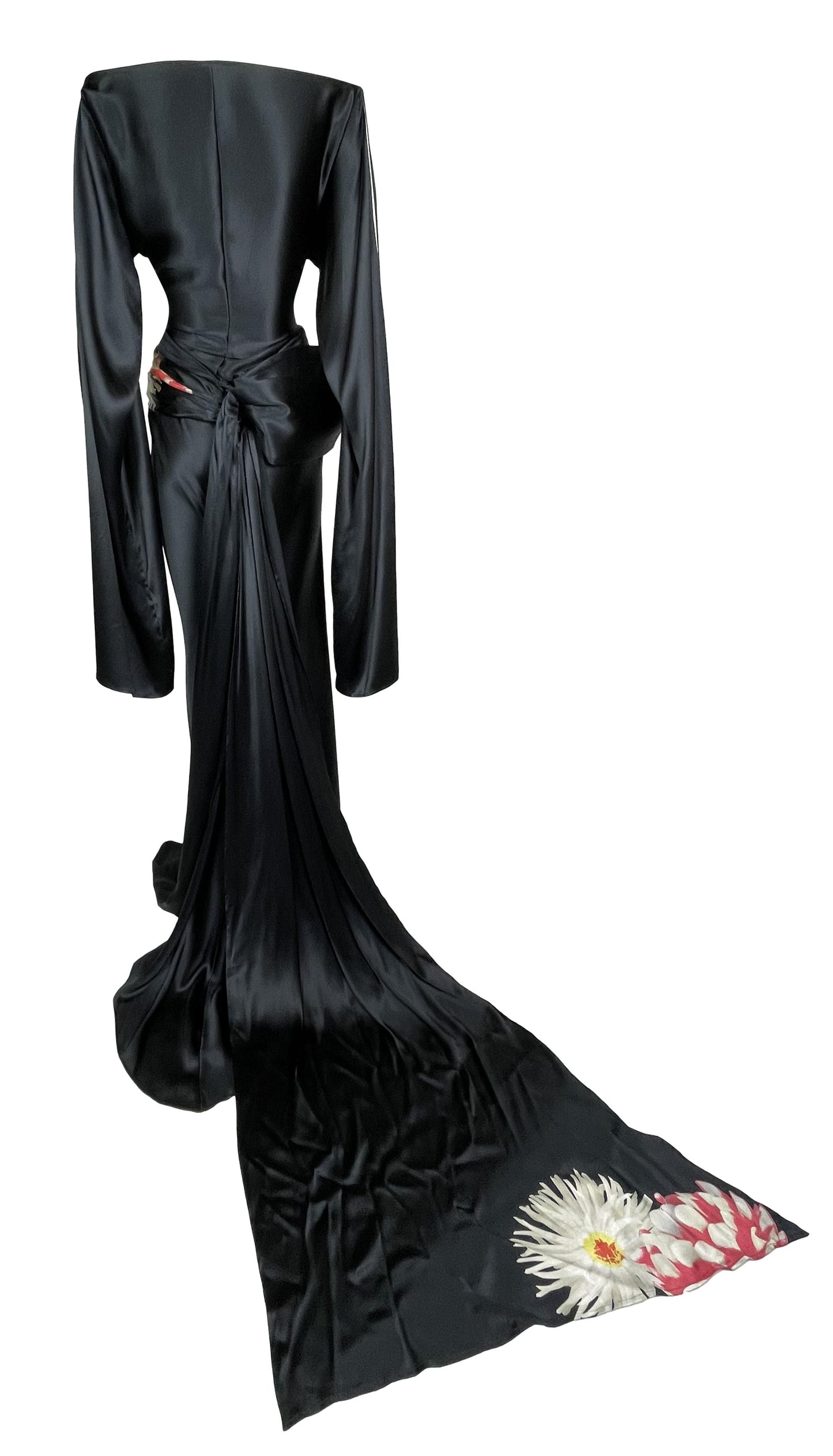 S/S 2003 Gianfranco Ferre Runway Japanese Kimono Sleeve & Bow Black Satin Top & Skirt Gown w Train
