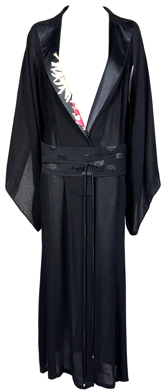 S/S 2003 Gianfranco Ferre Runway Plunging Black Silk Kimono Gown Dress w Wide Obi Belt