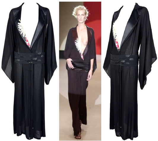 S/S 2003 Gianfranco Ferre Runway Plunging Black Silk Kimono Gown Dress w Wide Obi Belt