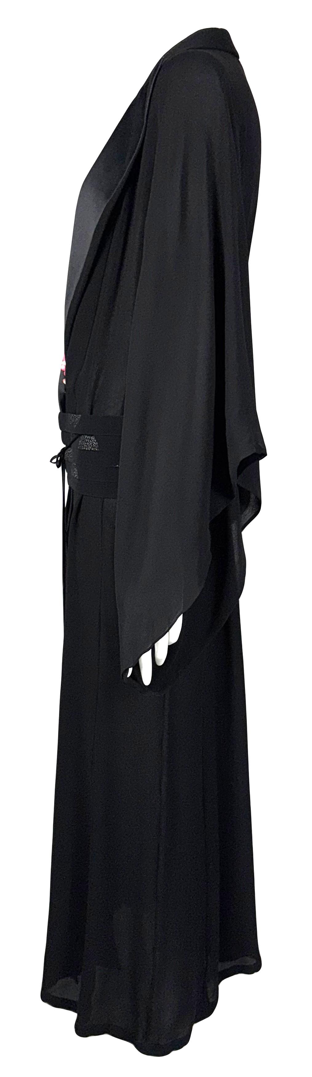 S/S 2003 Gianfranco Ferre Runway Plunging Black Silk Kimono Gown Dress w Wide Obi Belt