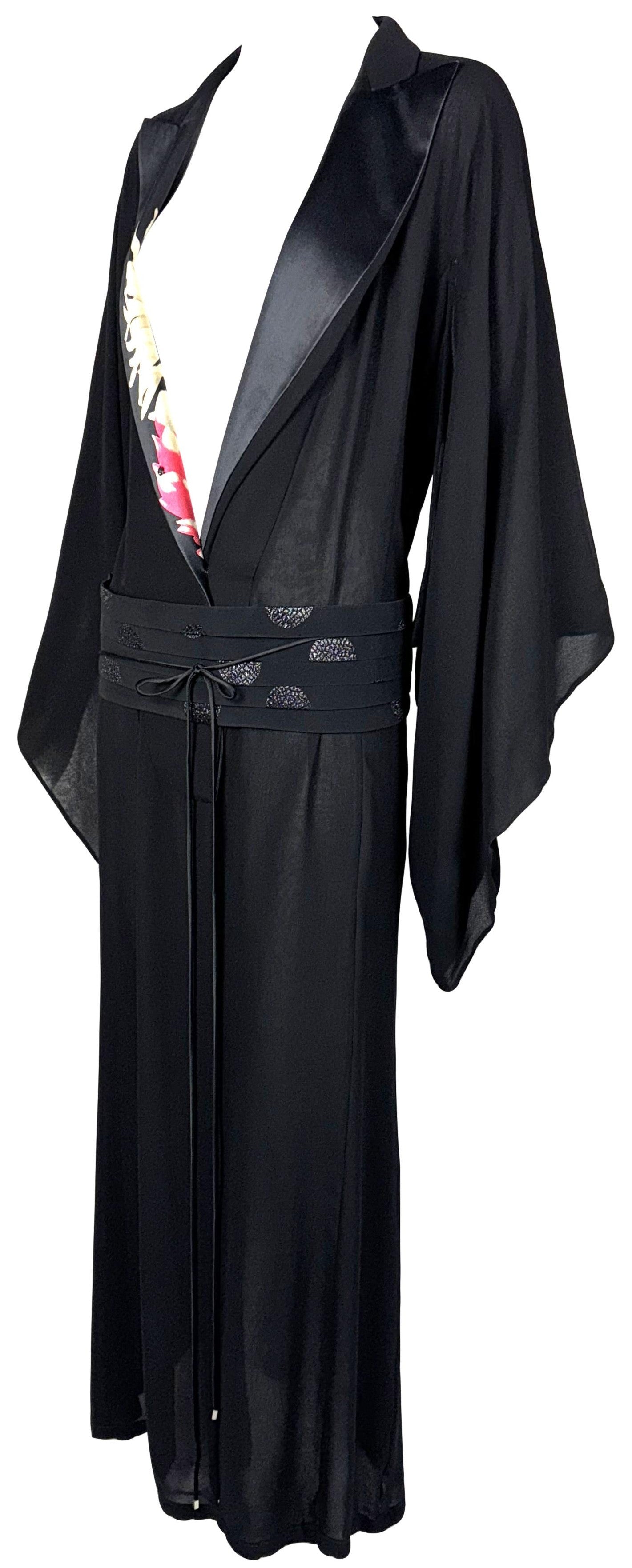 S/S 2003 Gianfranco Ferre Runway Plunging Black Silk Kimono Gown Dress w Wide Obi Belt