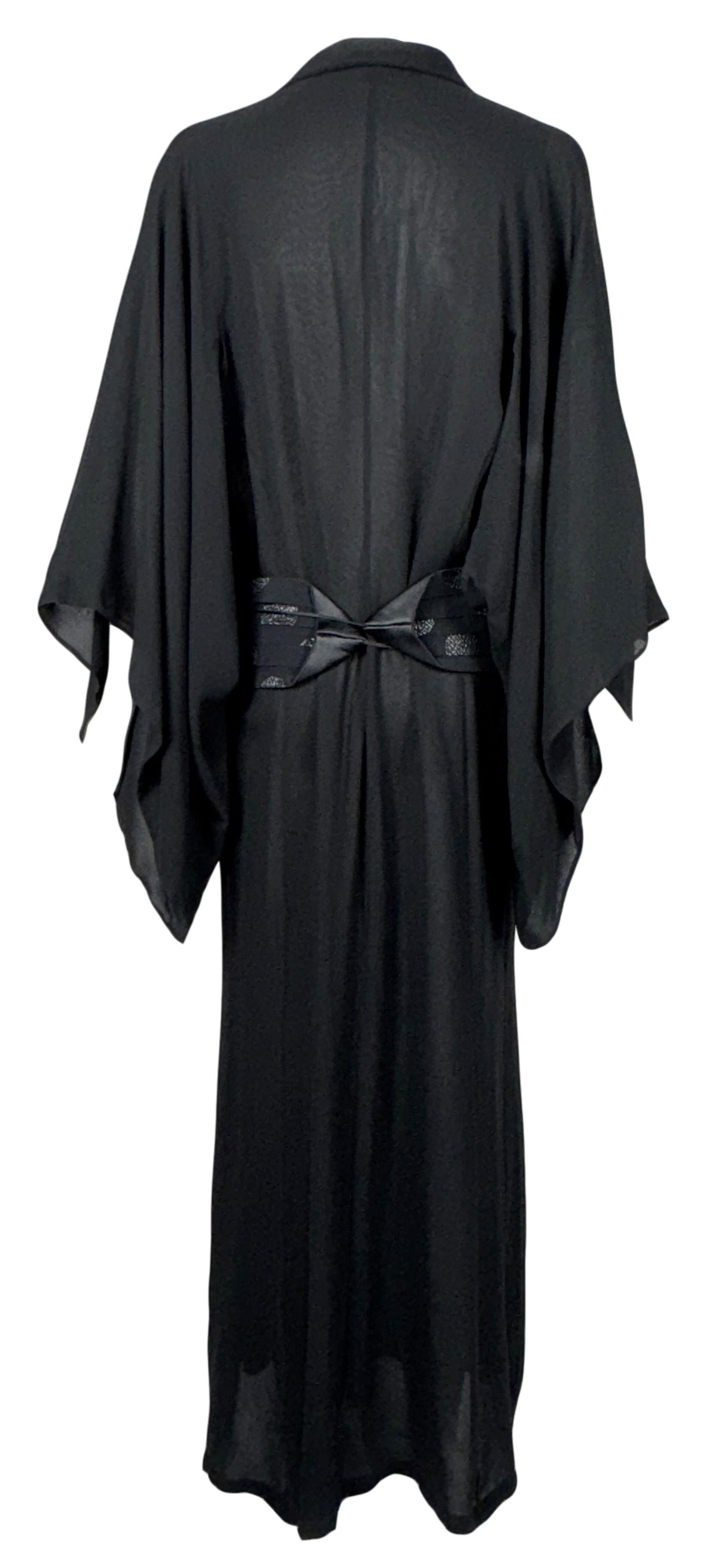 S/S 2003 Gianfranco Ferre Runway Plunging Black Silk Kimono Gown Dress w Wide Obi Belt