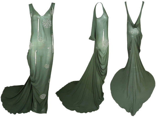 S/S 2003 John Galliano 20's Flapper Style Sheer Green Silk Embellished Gown Dress w Train