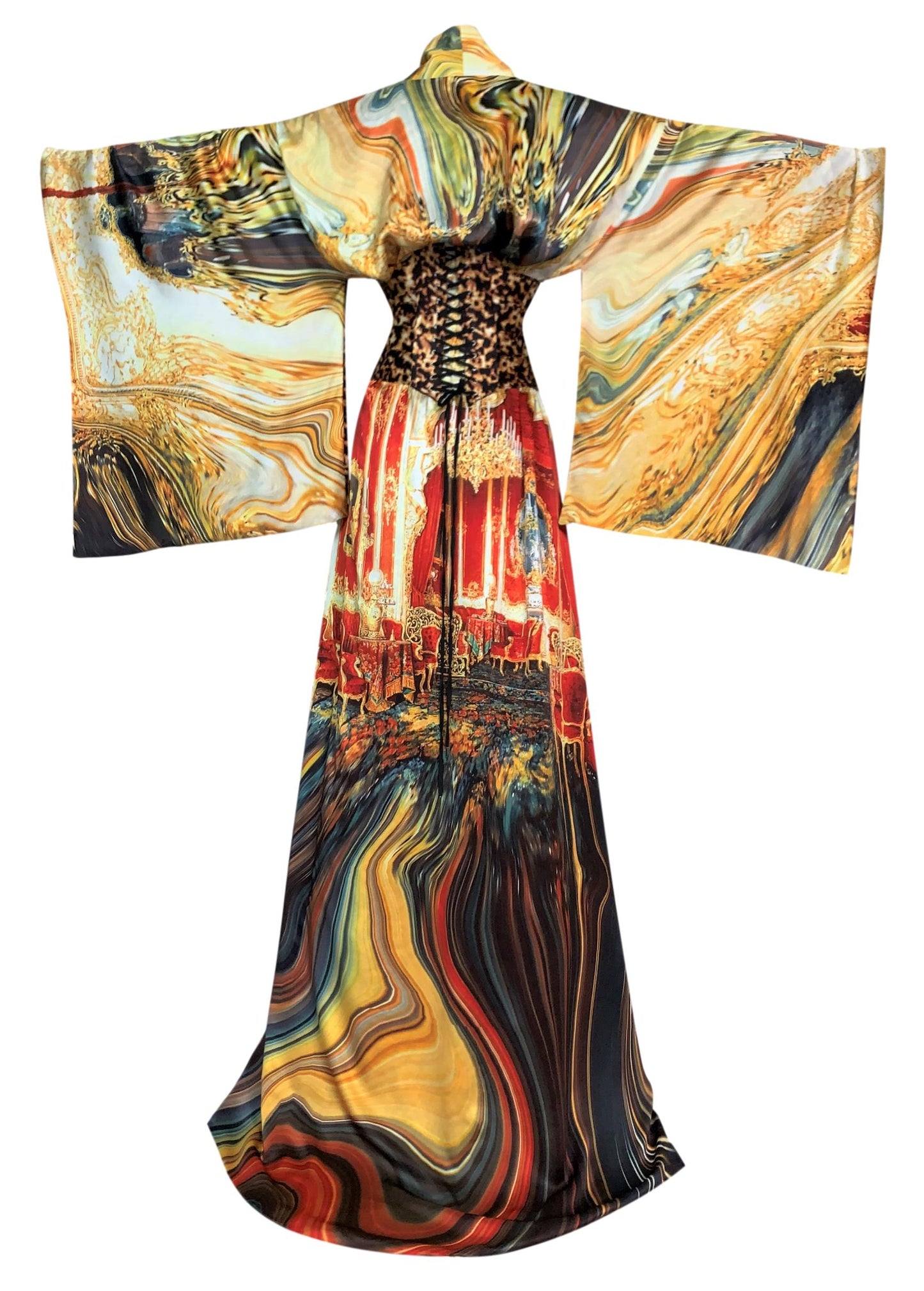 EXTREMELY RARE S/S 2003 Roberto Cavalli Extra Long Silk Reversible Kimono Dress Gown w Corset