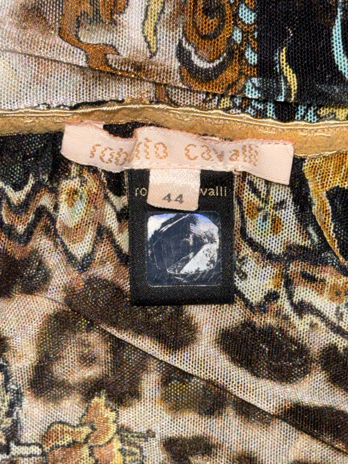 S/S 2003 Robert Cavalli Chinoiserie Dragon Print Off Shoulder Sheer Black Mesh L/S Mini Dress