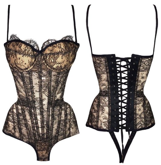 Vintage S/S 2003 Roberto Cavalli Black Lace Victorian Corset Bodysuit Top