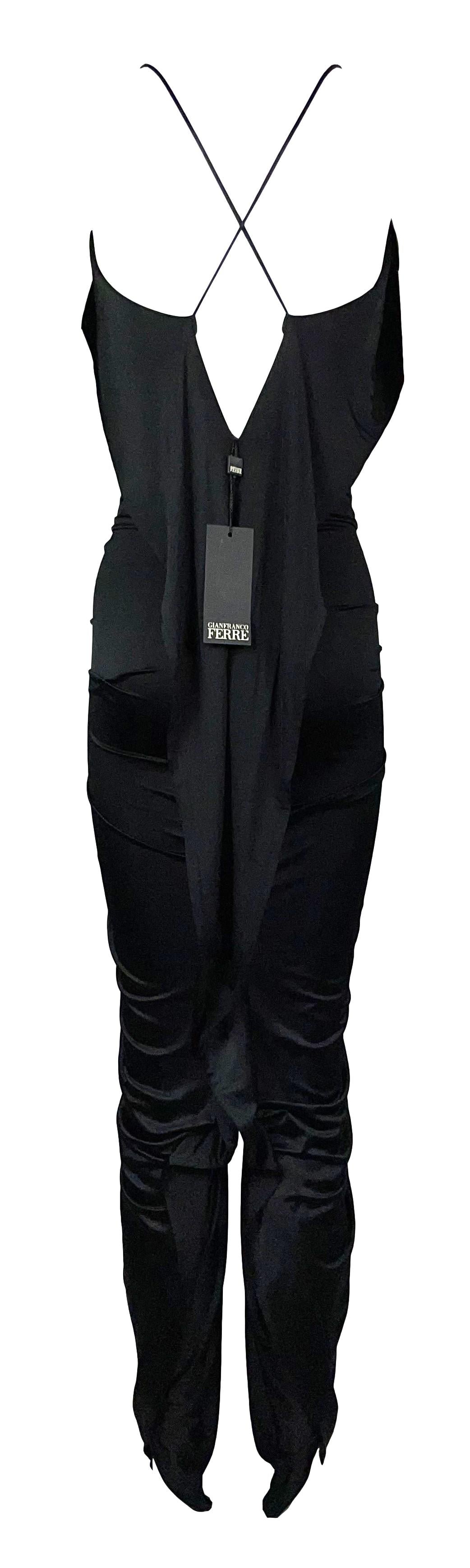NWT F/W 2004 Gianfranco Ferre Runway Black Plunging Ruched 70's Style Romper Jumpsuit
