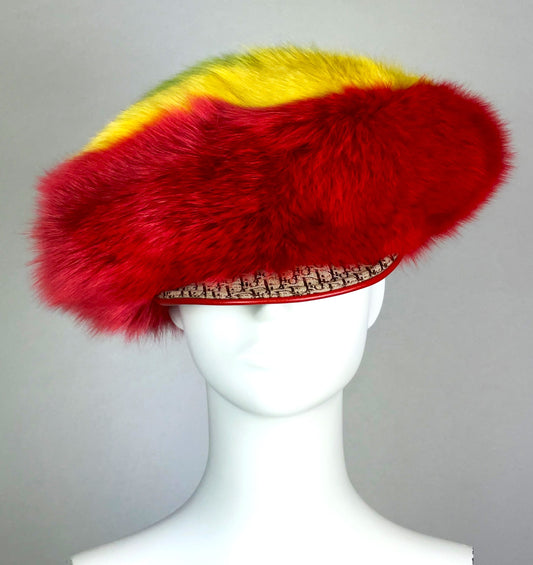 2004 Christian Dior by John Galliano Rasta Red & Yellow Fox Fur Hat