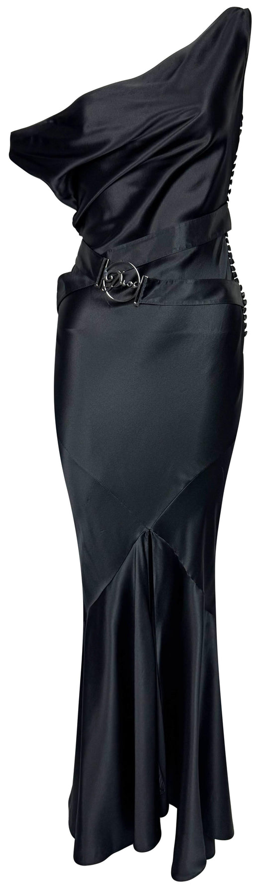 F/W 2004 Christian Dior x John Galliano Black Satin Wide Neck Off Shoulder Silver Logo Belt Buckle Mermaid Maxi Dress