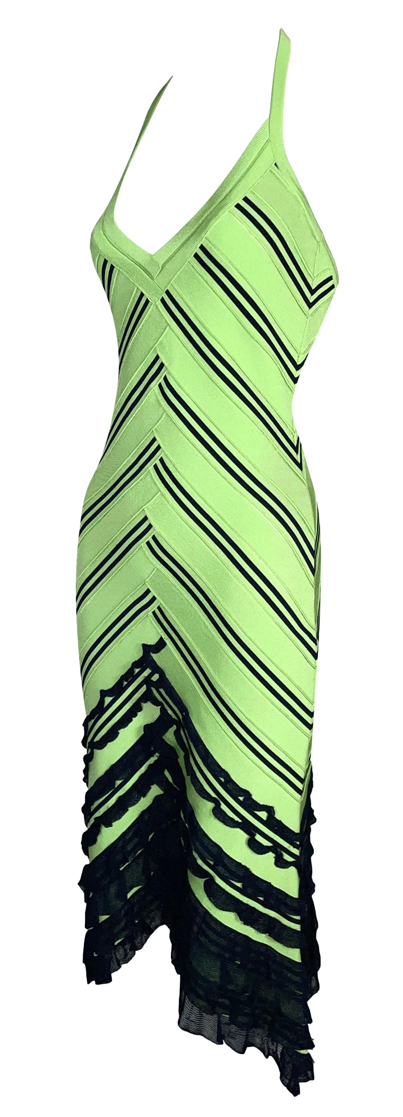 F/W 2004 Christian Dior by John Galliano Green & Black Striped Bandage Bodycon Halter Dress