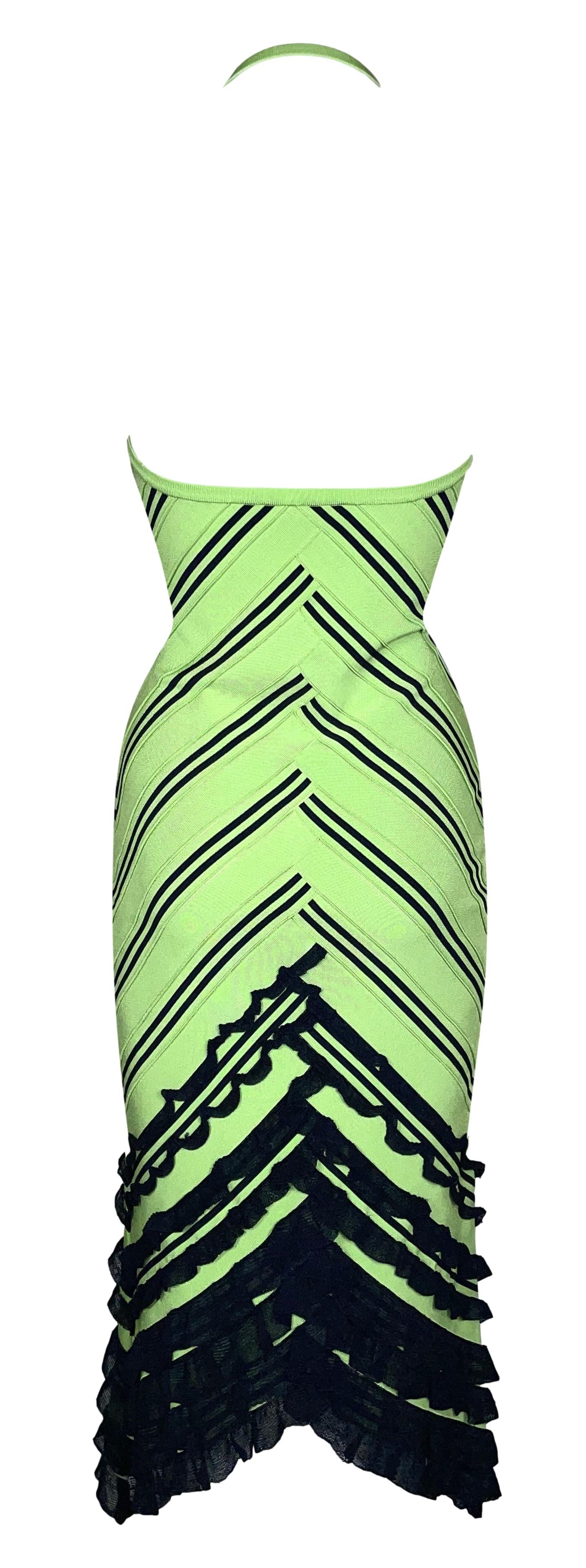 F/W 2004 Christian Dior by John Galliano Green & Black Striped Bandage Bodycon Halter Dress