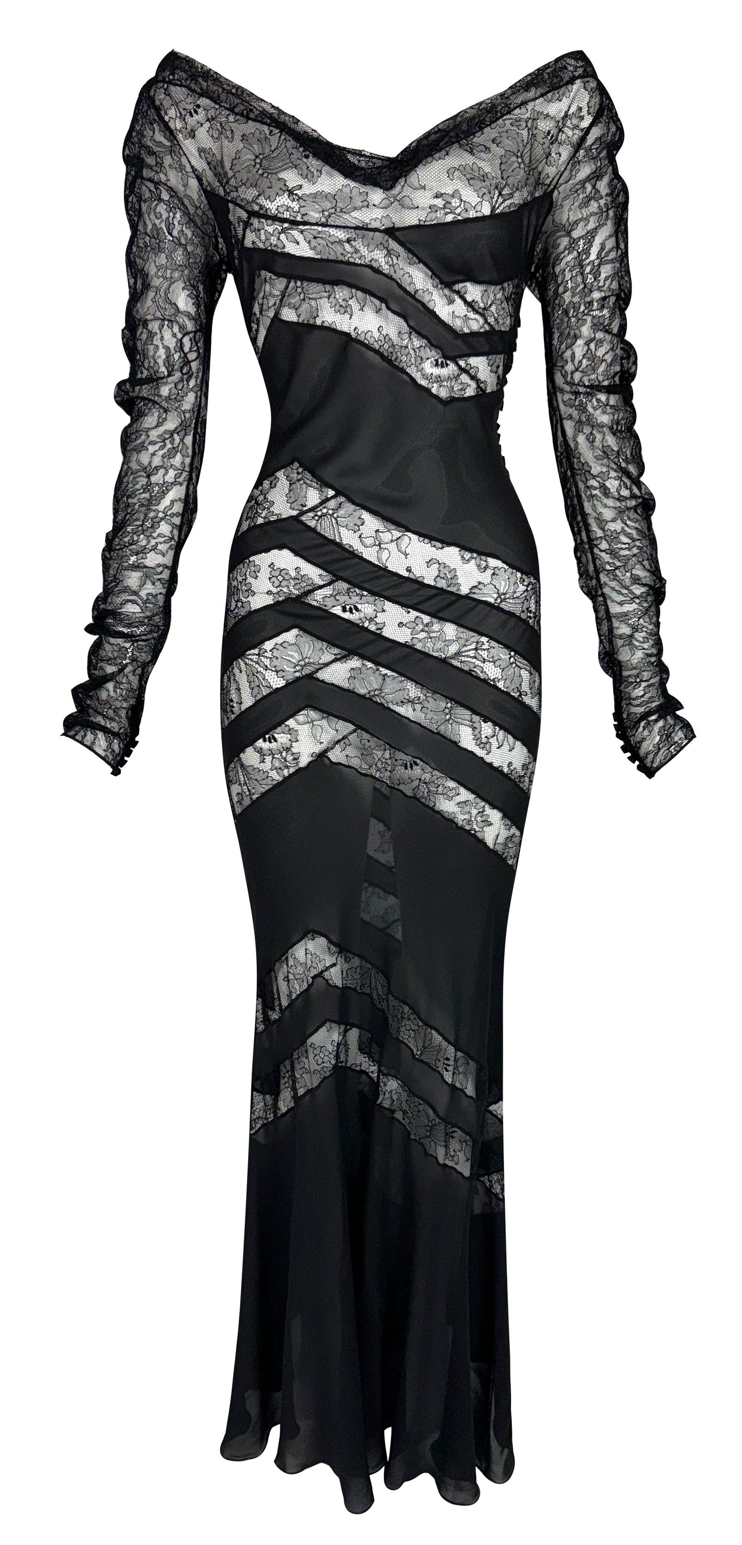 F/W 2004 Christian Dior by John Galliano Sheer Black Silk & Lace L/S Mermaid Gown Dress